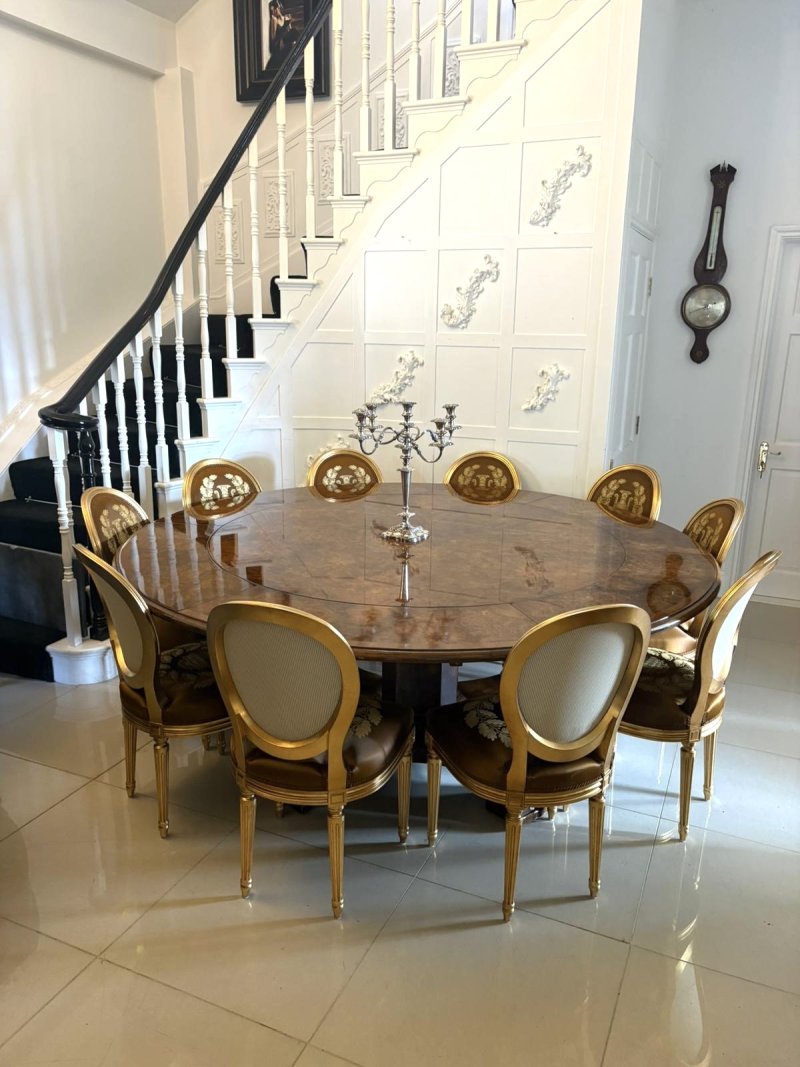 Antique Exceptional Quality Burr Walnut Circular Extending Dining Table Seating 10 with Radial Leaves & Matching Burr Walnut Leaf Holder - Image 6